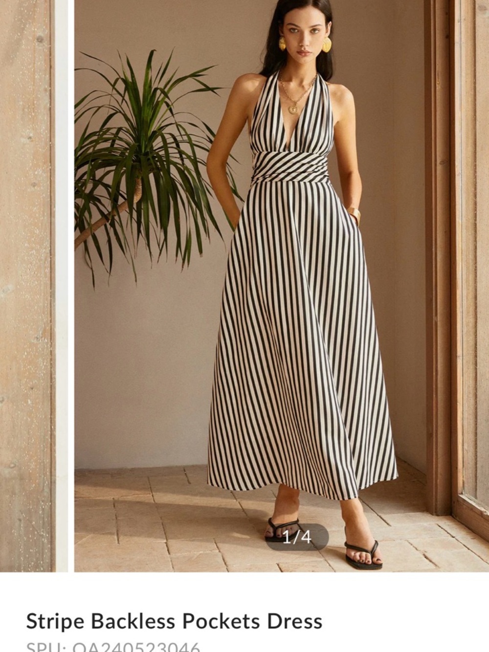 Commense Black & White Striped Backless Halter Maxi Dress